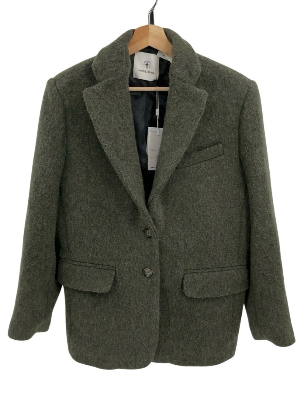Anine Bing Quinn Olive Wool-Blend Single-Breasted Blazer